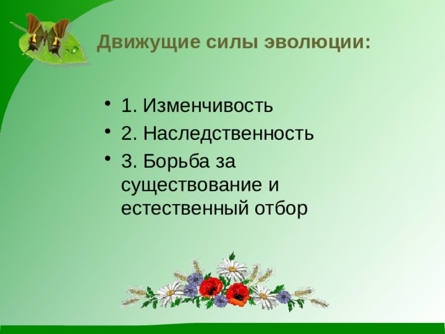 Движущие силы эволюции: 1. Изменчивость 2. Наследственность 3. Борьба за существование и естественный отбор 