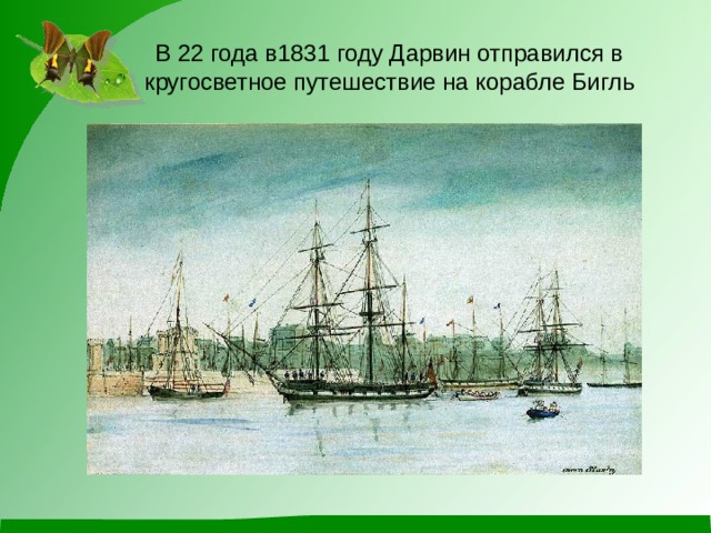 В 22 года в1831 году Дарвин отправился в кругосветное путешествие на корабле Бигль 