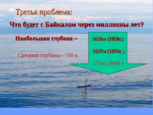 Третья проблема: Что будет с Байкалом через миллионы лет? 16 2 0м (1959 г. )   1637м (1974г .) 1710м (2009г.) Наибольшая глубина –  Средняя глубина – 730 м 