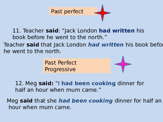 Past perfect 11. Teacher said : “Jack London had written his book before he went to the north.” Teacher said that Jack London had written his book before he went to the north. Past Perfect Progressive 12. Meg said: “I had been cooking dinner for half an hour when mum came.” Meg said that she had been cooking dinner for half an  hour when mum came. 