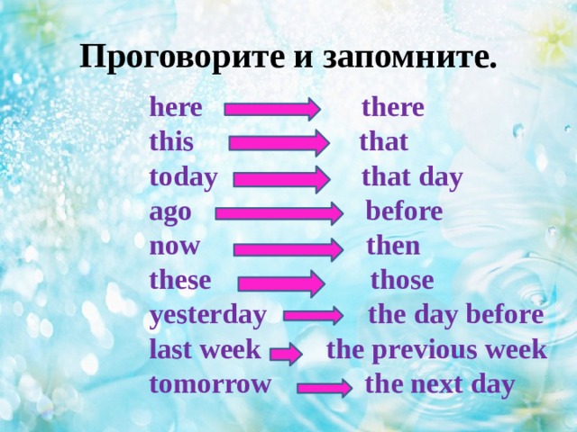 Проговорите и запомните. here there  this that  today that day  ago before  now then  these those  yesterday the day before  last week the previous week  tomorrow the next day 