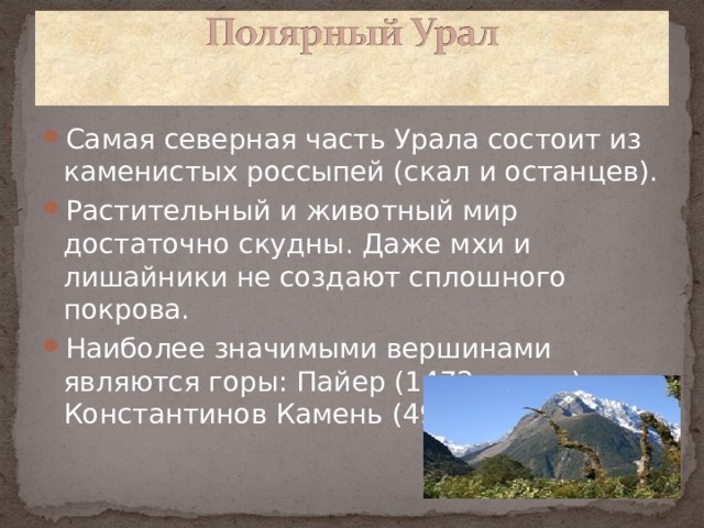 Самая северная часть Урала состоит из каменистых россыпей (скал и останцев). Растительный и животный мир достаточно скудны. Даже мхи и лишайники не создают сплошного покрова. Наиболее значимыми вершинами являются горы: Пайер (1472 метра) и Константинов Камень (492 метра).  