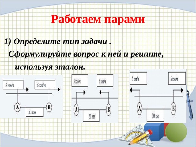 Работаем парами  1) Определите тип задачи .  Сформулируйте вопрос к ней и решите,  используя эталон. 