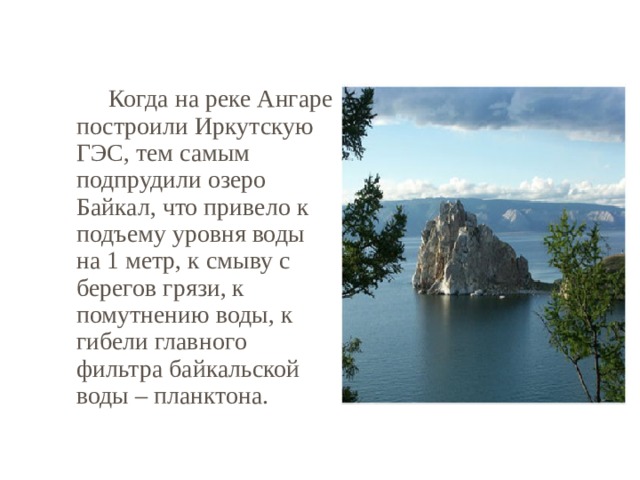   Когда на реке Ангаре построили Иркутскую ГЭС, тем самым подпрудили озеро Байкал, что привело к подъему уровня воды на 1 метр, к смыву с берегов грязи, к помутнению воды, к гибели главного фильтра байкальской воды – планктона. 