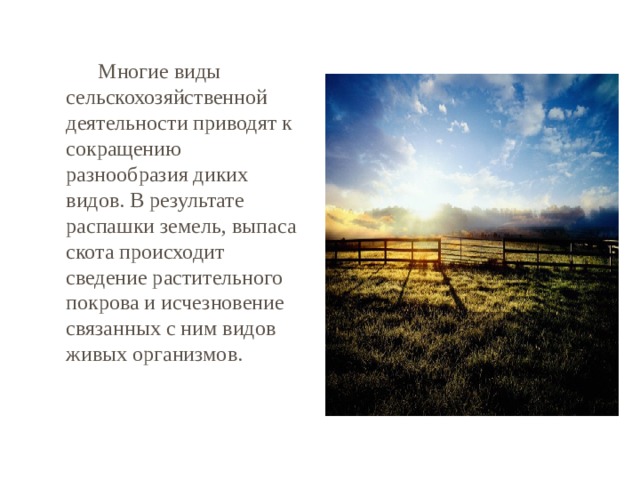  Многие виды сельскохозяйственной деятельности приводят к сокращению разнообразия диких видов. В результате распашки земель, выпаса скота происходит сведение растительного покрова и исчезновение связанных с ним видов живых организмов. 