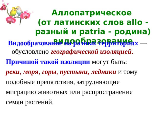 Аллопатрическое  (от латинских слов allo - разный и patria - родина) видообразование  Видообразование  на разных территориях — обусловлено географической изоляцией .  Причиной такой изоляции могут быть: реки , моря , горы , пустыни, ледники и тому подобные препятствия, затрудняющие миграцию животных или распространение семян растений. 