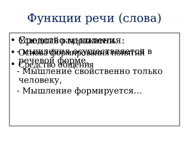 Функции речи (слова) Условный раздражитель Основа формирования понятий Средство общения Средство мышления:  - мышления осуществляется в речевой форме,  - Мышление свойственно только человеку,  - Мышление формируется… 