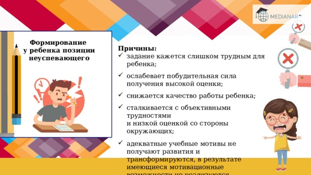 Формирование  у ребенка позиции неуспевающего Причины: задание кажется слишком трудным для ребенка; ослабевает побудительная сила получения высокой оценки; снижается качество работы ребенка; сталкивается с объективными трудностями  и низкой оценкой со стороны окружающих; адекватные учебные мотивы не получают развития и трансформируются, в результате имеющиеся мотивационные возможности не реализуются. 