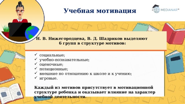 Учебная мотивация Н. В. Нижегородцева, В. Д. Шадриков выделяют  6 групп в структуре мотивов: социальные; учебно-познавательные; оценочные; позиционные; внешние по отношению к школе и к учению; игровые. Каждый из мотивов присутствует в мотивационной структуре ребенка и оказывает влияние на характер учебной деятельности. 