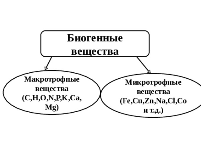 Биогенные вещества Макротрофные вещества ( C,H,O,N,P,K,Ca,Mg ) Микротрофные вещества ( Fe,Cu,Zn,Na,Cl,Co и т.д.) 