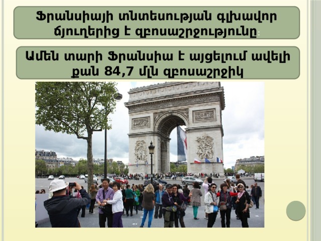 Ֆրանսիայի տնտեսության գլխավոր ճյուղերից է զբոսաշրջությունը : Ամեն տարի Ֆրանսիա է այցելում ավելի քան 84,7 մլն զբոսաշրջիկ 