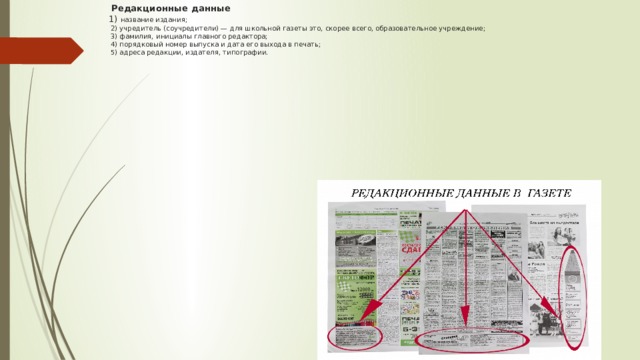  Редакционные данные  1) название издания;  2) учредитель (соучредители) — для школьной газеты это, скорее всего, образовательное учреждение;  3) фамилия, инициалы главного редактора;  4) порядковый номер выпуска и дата его выхода в печать;  5) адреса редакции, издателя, типографии.   