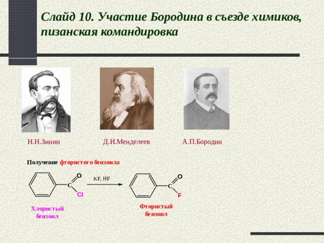 Слайд 10.  Участие Бородина в съезде химиков, пизанская командировка  Н . Н . Зинин Д.И.Менделеев А.П.Бородин 