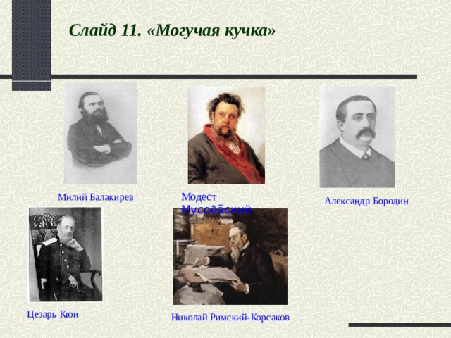  Слайд 11. «Могучая кучка» Модест Мусоðãский Милий Балакирев Александр Бородин Цезарь Кюи Николай Римский-Корсаков 