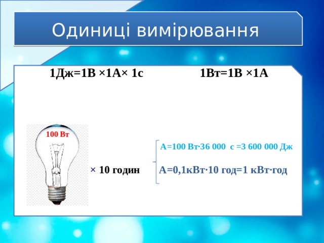 Одиниці вимірювання  1Дж=1В ×1А× 1с 1Вт=1В ×1А  А=100 Вт∙36 000 с =3 600 000 Дж  ×  10 годин А=0,1кВт∙10 год=1 кВт∙год  100 Вт 