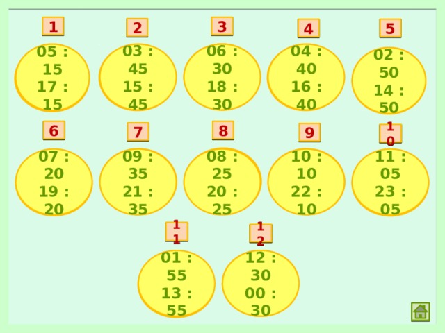 3 1 2 5 4 03 : 45 06 : 30 04 : 40 05 : 15 15 : 45 16 : 40 17 : 15 18 : 30 02 : 50 14 : 50 8 6 7 9 10 11 : 05 10 : 10 09 : 35 07 : 20 08 : 25 20 : 25 22 : 10 23 : 05 21 : 35 19 : 20 11 12 01 : 55 12 : 30 13 : 55 00 : 30 