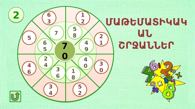 2 12 63 ՄԱԹԵՄԱՏԻԿԱԿԱՆ ՇՐՋԱՆՆԵՐ 58 7 5 21 49 65 70 24 40 30 46 36 18 52 34 