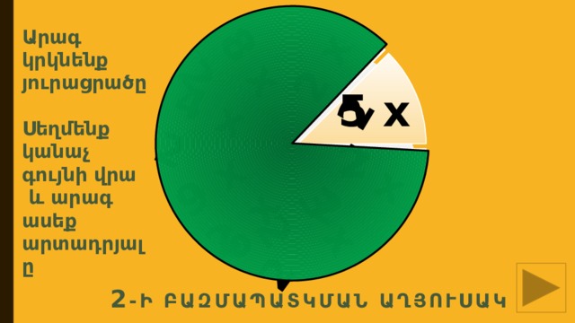2 х 2 7 х 2 3 х 2 6 х 2 9 х 2 4 х 2 8 х 2 Արագ կրկնենք յուրացրածը  Սեղմենք կանաչ գույնի վրա  և արագ ասեք արտադրյալը 5 х 2  2 -ի բաԶՄԱպատկման աղյուսակ 