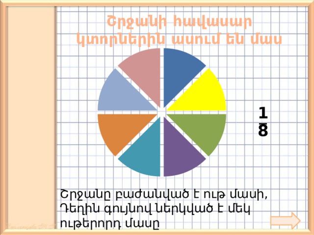 Շրջանի հավասար կտորներին ասում են մաս 1 _ 8 Շրջանը բաժանված է ութ մասի, Դեղին գույնով ներկված է մեկ ութերորդ մասը 