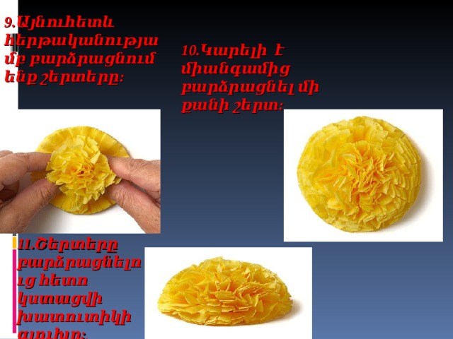 9. Այնուհետև հերթականությամբ բարձրացնում ենք շերտերը: 10. Կարելի է միանգամից բարձրացնել մի քանի շերտ: 11.Շերտերը բարձրացնելուց հետո կստացվի խատուտիկի գլուխը: .  