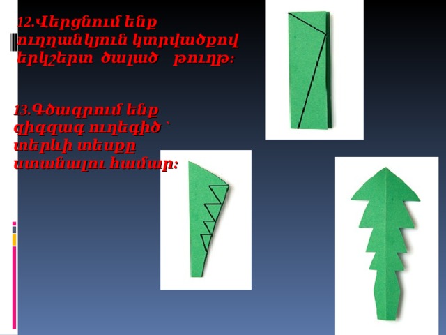12. Վ երցնում ենք ուղղանկյուն կտրվածքով երկշերտ ծալած թուղթ: 13. Գծագրում ենք զիգզագ ուղեգիծ ` տերևի տեսքը ստանալու համար:  