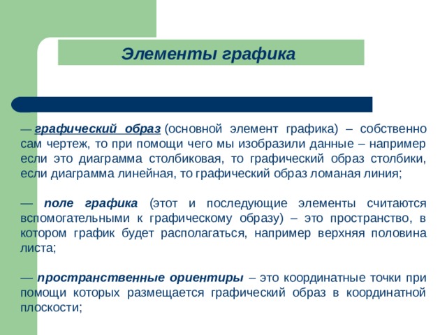 Элементы графика   —  графический образ  (основной элемент графика) – собственно сам чертеж, то при помощи чего мы изобразили данные – например если это диаграмма столбиковая, то графический образ столбики, если диаграмма линейная, то графический образ ломаная линия; — поле графика (этот и последующие элементы считаются вспомогательными к графическому образу) – это пространство, в котором график будет располагаться, например верхняя половина листа; — пространственные ориентиры – это координатные точки при помощи которых размещается графический образ в координатной плоскости; 