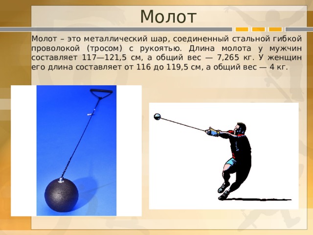 Молот Молот – это металлический шар, соединенный стальной гибкой проволокой (тросом) с рукоятью. Длина молота у мужчин составляет 117—121,5 см, а общий вес — 7,265 кг. У женщин его длина составляет от 116 до 119,5 см, а общий вес — 4 кг. 