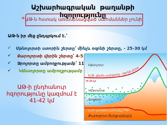 Աշխարհագրական թաղանթի հզորությունը ԱԹ-ն հստակ առանձնացված սահմաններ չունի: ԱԹ-ն իր մեջ ընդգրկում է.՝  Մթնոլորտի ստորին շերտը՝ մինչև օզոնի շերտը, - 25-30 կմ  Քարոլորտի վերին շերտը՝ 4-5 կմ  Ջրոլորտը ամբողջությամբ՝ 11 կմ  Կենսոլորտը ամբողջությամբ ԱԹ-ի ընդհանուր հզորությունը կազմում է 41-42 կմ 