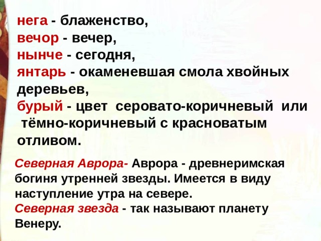 нега - блаженство, вечор - вечер, нынче - сегодня, янтарь - окаменевшая смола хвойных деревьев, бурый - цвет серовато-коричневый или тёмно-коричневый с красноватым отливом. Северная Аврора- Аврора - древнеримская богиня утренней звезды. Имеется в виду наступление утра на севере. Северная звезда  - так называют планету Венеру. 