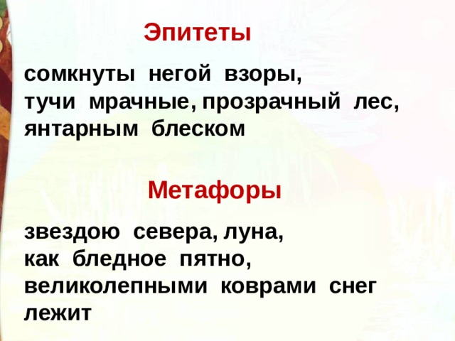 Эпитеты сомкнуты негой взоры, тучи мрачные, прозрачный лес, янтарным блеском Метафоры звездою севера, луна, как бледное пятно, великолепными коврами снег лежит 