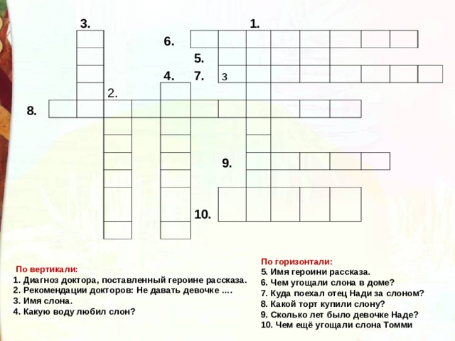 3.     8.   6.         2.   1. 5.   4.         7.         з                                                       9.     10.                               По горизонтали: 5. Имя героини рассказа. 6. Чем угощали слона в доме? 7. Куда поехал отец Нади за слоном? 8. Какой торт купили слону? 9. Сколько лет было девочке Наде? 10. Чем ещё угощали слона Томми  По вертикали: 1. Диагноз доктора, поставленный героине рассказа. 2. Рекомендации докторов: Не давать девочке …. 3. Имя слона. 4. Какую воду любил слон? 