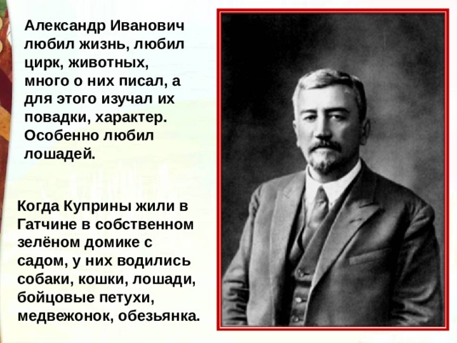 Александр Иванович любил жизнь, любил цирк, животных, много о них писал, а для этого изучал их повадки, характер. Особенно любил лошадей.  Когда Куприны жили в Гатчине в собственном зелёном домике с садом, у них водились собаки, кошки, лошади, бойцовые петухи, медвежонок, обезьянка. 