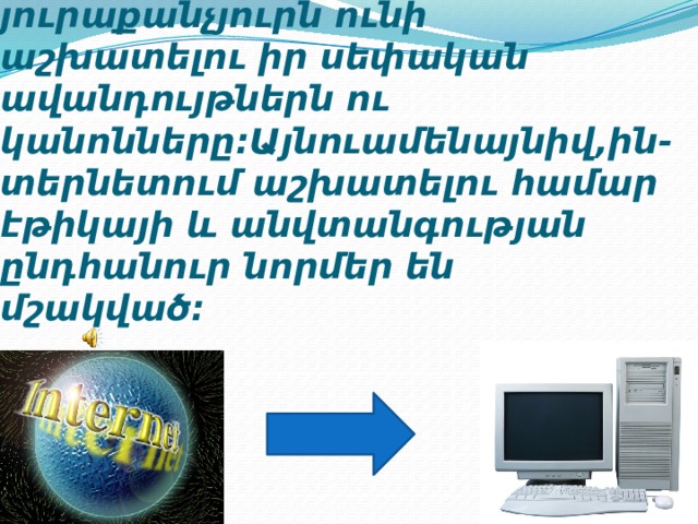 Ինտերնետը տարբեր գլոբալ միավորում է,իսկ այդ ցանցերից յուրաքանչյուրն ունի աշխատելու իր սեփական ավանդույթներն ու կանոնները:Այնուամենայնիվ,ին-տերնետում աշխատելու համար էթիկայի և անվտանգության ընդհանուր նորմեր են մշակված: 