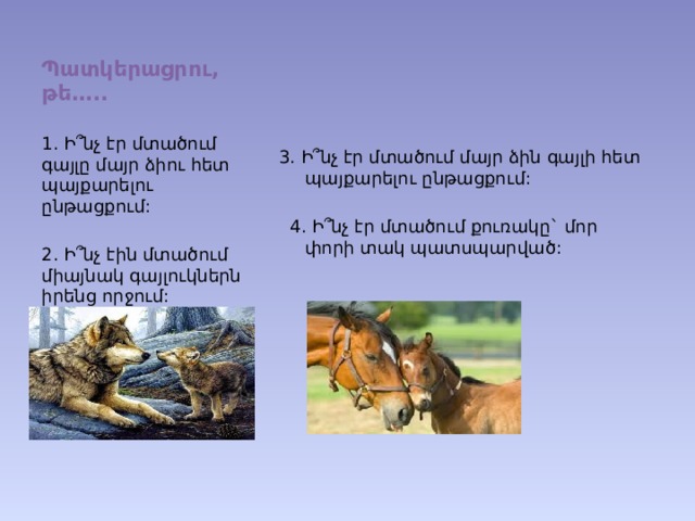 Պատկերացրու, թե….. 3. Ի ՞ նչ էր մտածում մայր ձին գայլի հետ պայքարելու ընթացքում:  4. Ի ՞ նչ էր մտածում քուռակը` մոր փորի տակ պատսպարված: 1. Ի ՞ նչ էր մտածում գայլը մայր ձիու հետ պայքարելու ընթացքում: 2. Ի ՞ նչ էին մտածում միայնակ գայլուկներն իրենց որջում: 
