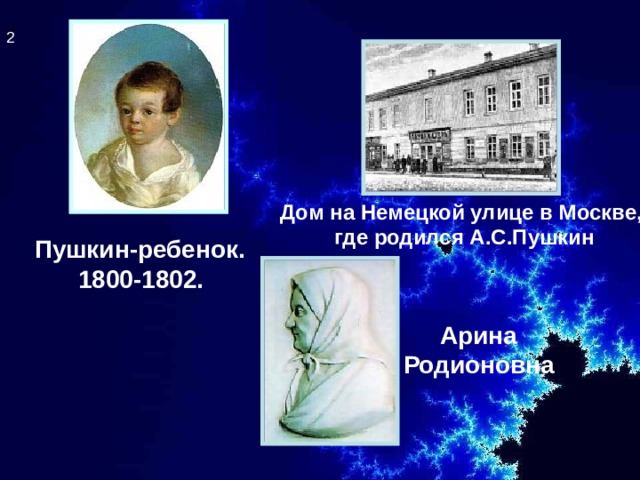 2 2 2 Дом на Немецкой улице в Москве,  где родился А.С.Пушкин    Пушкин-ребенок.  1800-1802.  Арина Родионовна 