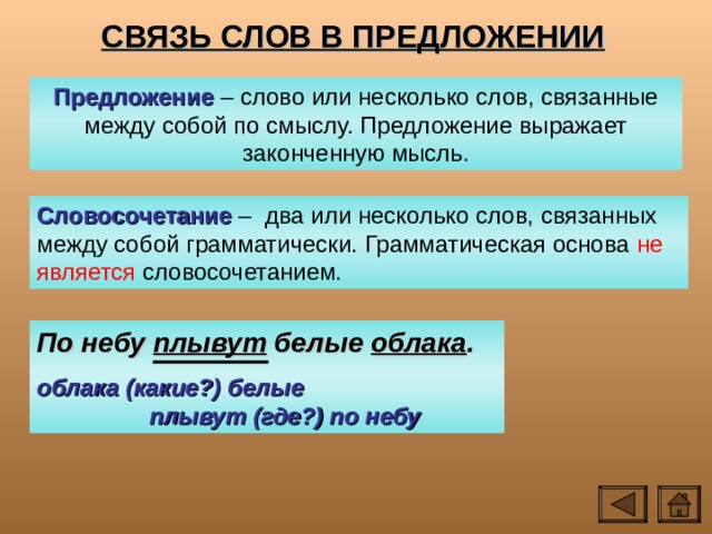 СВЯЗЬ СЛОВ В ПРЕДЛОЖЕНИИ Предложение – слово или несколько слов, связанные между собой по смыслу. Предложение выражает законченную мысль. Словосочетание – два или несколько слов, связанных между собой грамматически. Грамматическая основа не является словосочетанием. По небу плывут белые облака . облака (какие?) белые плывут (где?) по небу 