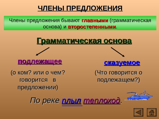 ЧЛЕНЫ ПРЕДЛОЖЕНИЯ Члены предложения бывают главными (грамматическая основа) и второстепенными . Грамматическая основа подлежащее сказуемое (о ком? или о чем? говорится в предложении) (Что говорится о подлежащем?) По реке плыл  теплоход . 