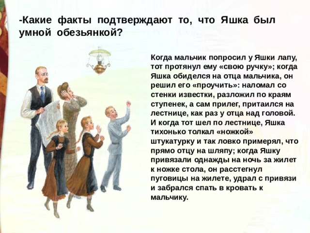 -Какие  факты  подтверждают  то,  что  Яшка  был  умной  обезьянкой? Когда мальчик попросил у Яшки лапу, тот протянул ему «свою ручку»; когда Яшка обиделся на отца мальчика, он решил его «проучить»: наломал со стенки известки, разложил по краям ступенек, а сам прилег, притаился на лестнице, как раз у отца над головой. И когда тот шел по лестнице, Яшка тихонько толкал «ножкой» штукатурку и так ловко примерял, что прямо отцу на шляпу; когда Яшку привязали однажды на ночь за жилет к ножке стола, он расстегнул пуговицы на жилете, удрал с привязи и забрался спать в кровать к мальчику. 