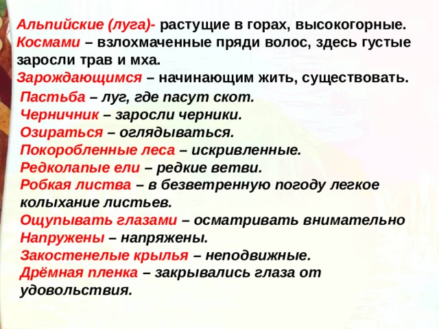 Альпийские (луга)- растущие в горах, высокогорные.  Космами – взлохмаченные пряди волос, здесь густые заросли трав и мха.  Зарождающимся – начинающим жить, существовать.   Пастьба – луг, где пасут скот. Черничник – заросли черники. Озираться – оглядываться. Покоробленные леса – искривленные. Редколапые ели – редкие ветви. Робкая листва – в безветренную погоду легкое колыхание листьев. Ощупывать глазами – осматривать внимательно Напружены – напряжены. Закостенелые крылья – неподвижные. Дрёмная пленка – закрывались глаза от удовольствия. 