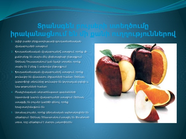 Տրանսգեն բույսերի ստեղծումը իրականացնում են մի քանի ուղղություններով Ավելի բարձր բերքատվությամբ գյուղատնտեսական մշակաբույսերի ստացում: ¶ յուղատնտեսական մշակաբույսեր Ç ստացում, որոնք մի քանի բերք են տալիս մեկ վեգետացիայի ընթացքում: Օրինակ Ռուսաստանում կան ելակի սորտեր, որոնք տալիս են 2 բերք 1 ամառվա ընթացքում: ¶ յուղատնտեսական մշակաբույսեր Ç ստացում, որոնք թունավոր են վնասատու միջատների համար: Օրինակ կարտոֆիլի տերևները թունավոր են կոլորադյան բզեզի և նրա թրթուրների համար: Բնակլիմայական անբարենպաստ պայմանների նկատմամբ կայուն մշակաբույսերի ստացում: Օրինակ ստացվել են բույսեր կարիճի գենով, որոնք երաշտադիմացկուն են: Ստանալ բույսեր, որոնք կենդանական սպիտակուցներ են սինթեզում: Օրինակ Չինաստանում ստացել են ծխախոտի սորտ, որը սինթեզում է մարդու լակտոֆերին: 