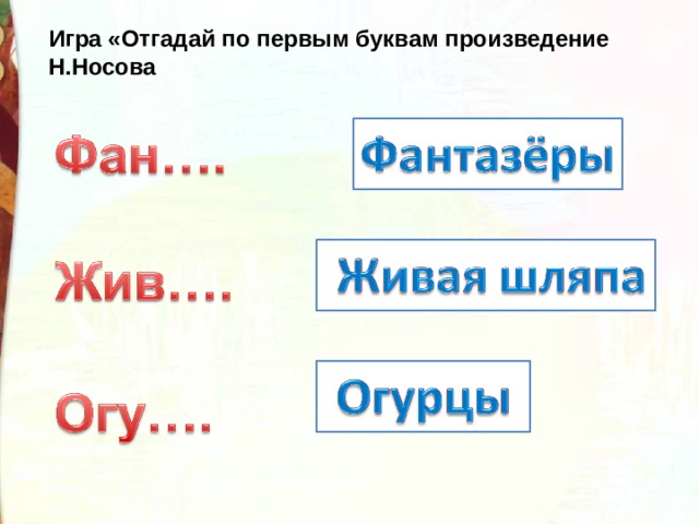 Игра «Отгадай по первым буквам произведение Н.Носова 