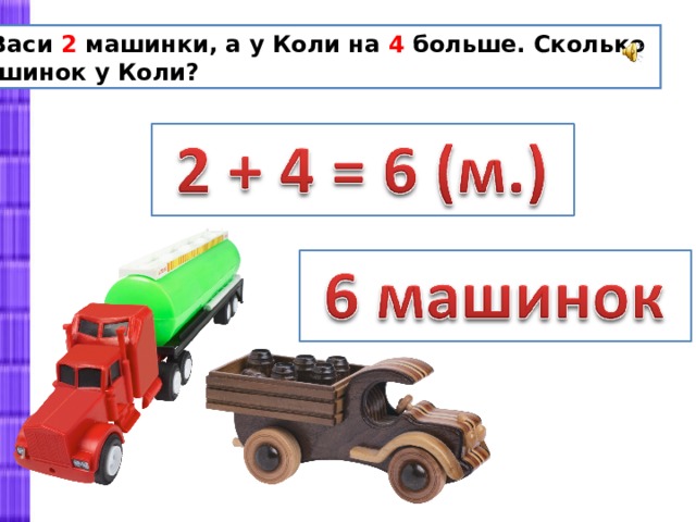 У Васи 2 машинки, а у Коли на 4 больше. Сколько машинок у Коли? 