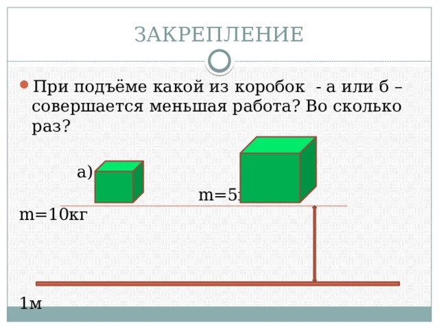 ЗАКРЕПЛЕНИЕ При подъёме какой из коробок - а или б – совершается меньшая работа? Во сколько раз?  б)  а)  m=5кг m=10кг  1м 