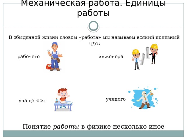 Механическая работа. Единицы работы В обыденной жизни словом «работа» мы называем всякий полезный труд рабочего инженера ученого учащегося Понятие работы в физике несколько иное 