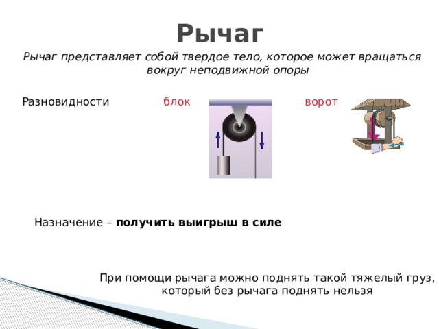 Что представляет собой рычаг физика. Рычаг твердое тело которое может вращаться вокруг неподвижной опоры. Рычаг блок ворот. Блок и ворот разновидности рычага. Что представляет собой рычаг.