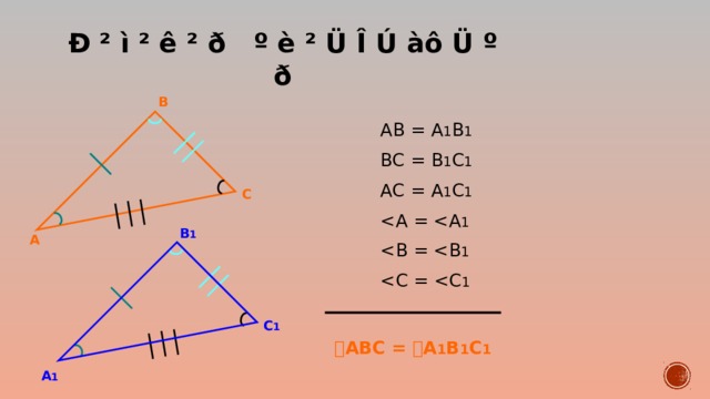 Ð ² ì ² ê ² ð º è ² Ü Î Ú àô Ü º ð B AB = A 1 B 1 BC = B 1 C 1  AC = A 1 C 1  C B 1 A C 1  ABC =  A 1 B 1 C 1 A 1 