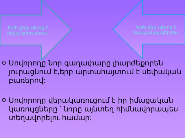 Եթե քեզ պետք է հիշել,կմոռանաս. Եթե քեզ պետք է հասկանալ,կհիշես. Սովորողը նոր գաղափարը լիարժեքորեն յուրացնում է,երբ արտահայտում է սեփական բառերով: Սովորողը վերակառուցում է իր իմացական կառույցները ՝ նորը այնտեղ հիմնավորապես տեղավորելու համար: 