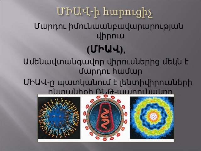 Մարդու իմունաանբավարարության վիրուս ( ՄԻԱՎ ) , Ա մենավտանգավոր վիրուսներից մեկն է մարդու համար  ՄԻԱՎ-ը պատկանում է լենտիվիրուսների ընտանիքի ՌՆԹ-պարունակող վիրուսներին  