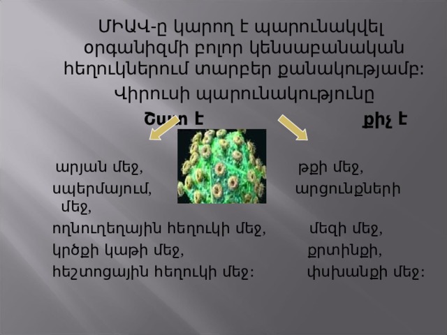  ՄԻԱՎ-ը կարող է պարունակվել օրգանիզմի բոլոր կենսաբանական հեղուկներում տարբեր քանակությամբ:  Վիրուսի պարունակությունը  Շ ատ է  քիչ է   արյան մեջ , թքի մեջ ,  սպերմայում , արցունքների մեջ ,  ողնուղեղային հեղուկի մեջ ,   մեզի մեջ ,  կրծքի կաթի մեջ ,   քրտինքի ,  հեշտոցային հեղուկի մեջ:  փսխանքի մեջ: 