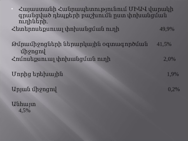 Հայաստանի Հանրապետությունում ՄԻԱՎ վարակի գրանցված դեպքերի բաշխումն ըստ փոխանցման ուղիների. Հետերոսեքսուալ փոխանցման ուղի  49,9% Թմրամիջոցների ներարկային օգտագործման  41,5%  միջոցով Հոմոսեքսուալ փոխանցման ուղի  2,0% Մորից երեխային  1,9% Արյան միջոցով  0,2% Անհայտ  4,5% 
